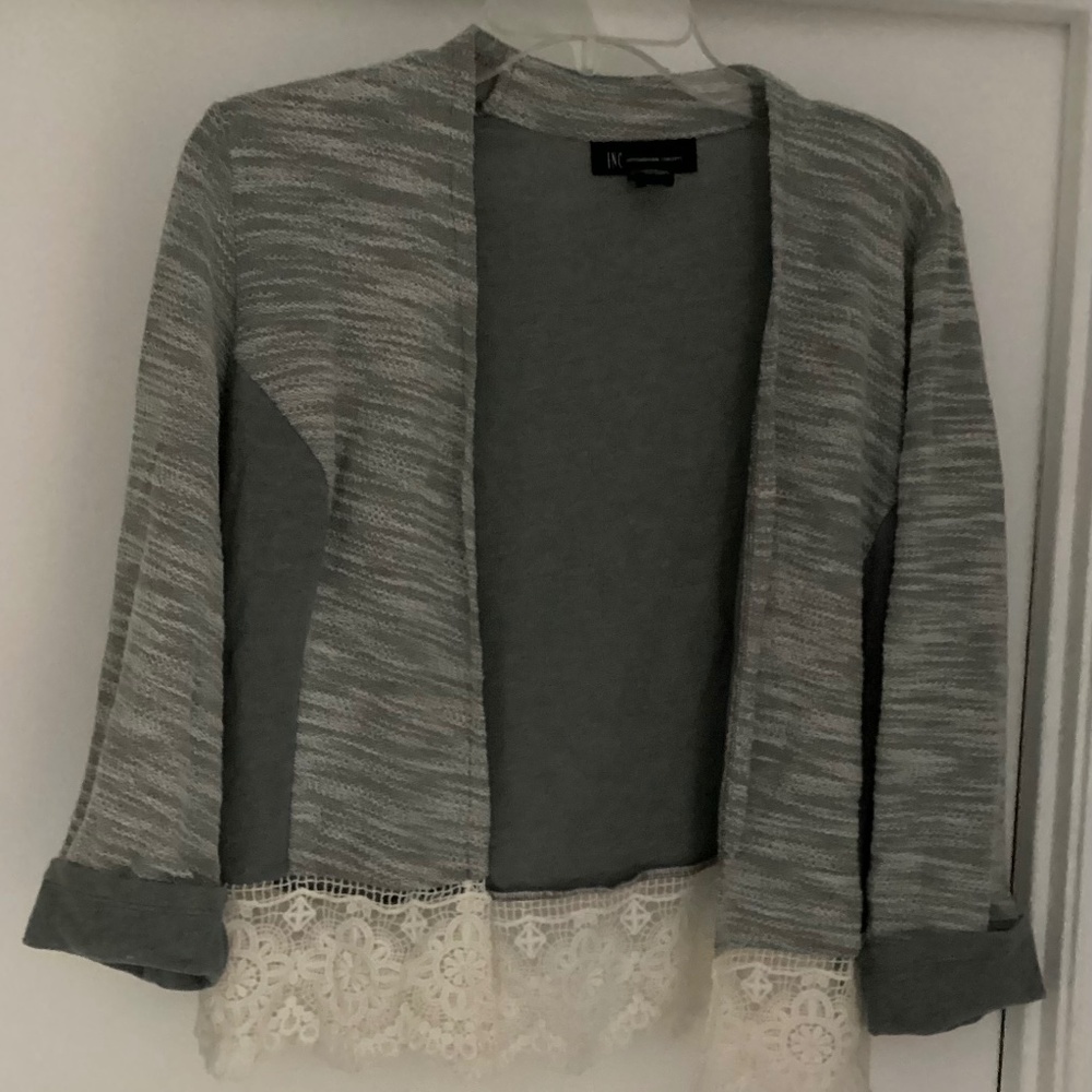 INC Gray Knit Jacket With Lace Trim  …. Size Medium
